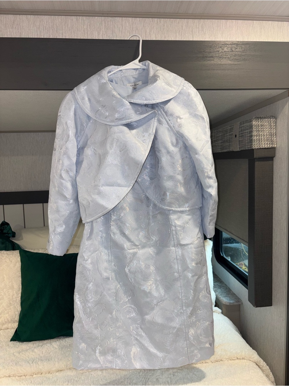 Women's Light Blue Brocade Dress Coat with Cape Overlay